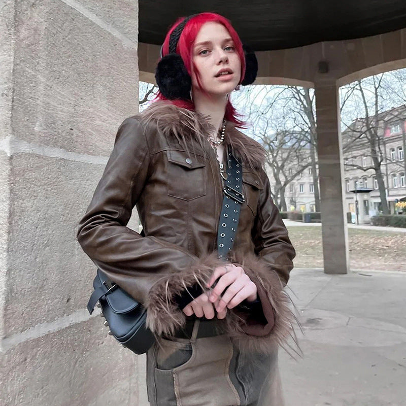 Street Fashion Fur Collar Splicing Coat