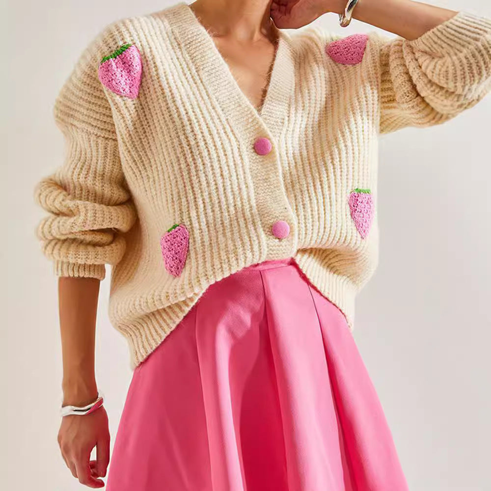 Sweet V-neck Beige Decorative Cardigan Sweater Viralgem Store