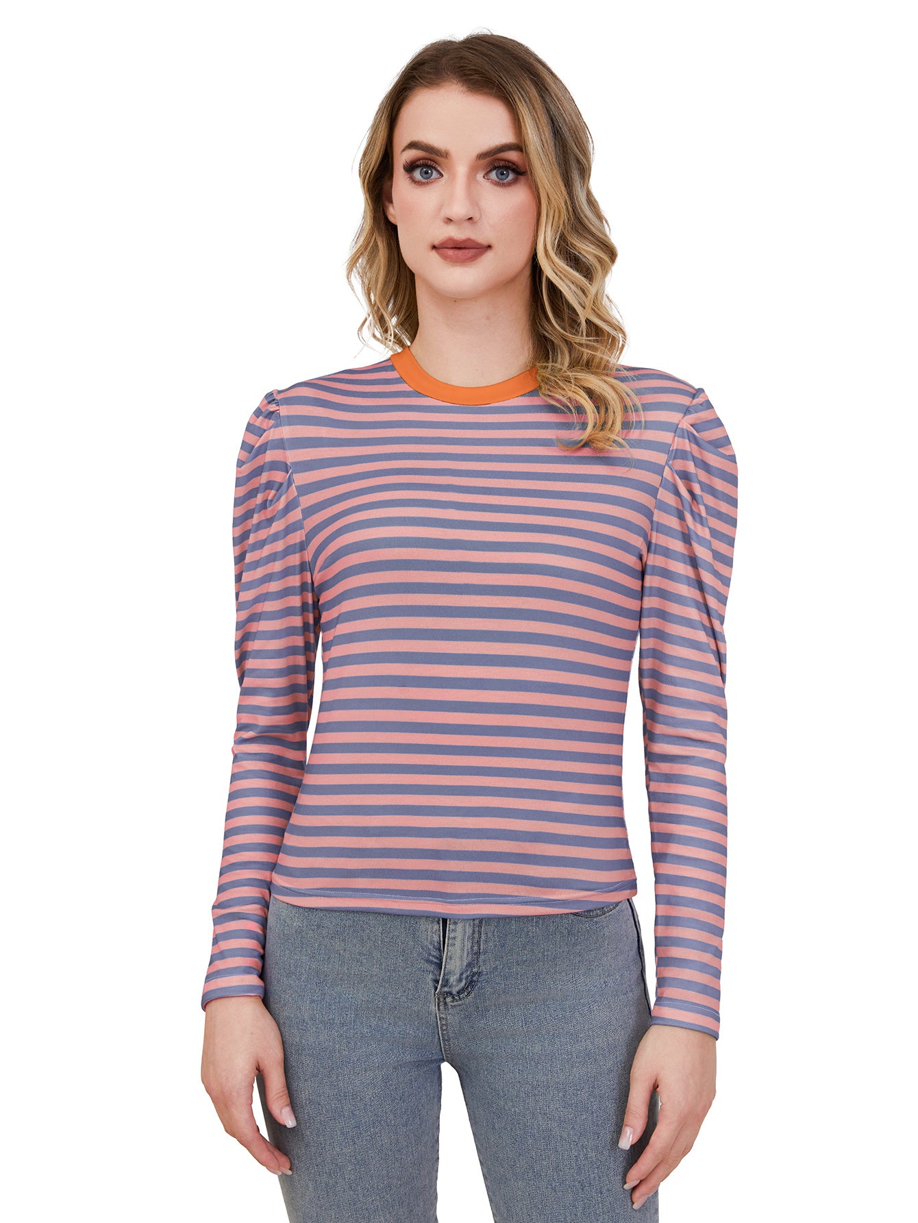 Women's Long Sleeved Striped Round Neck  Top