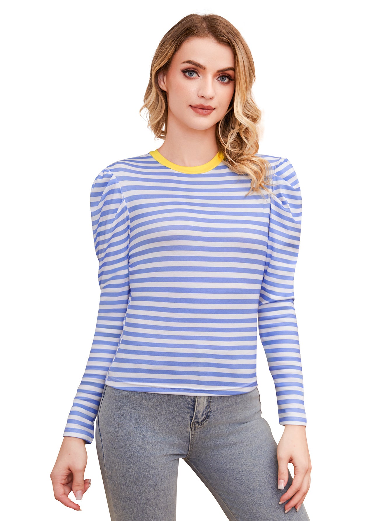 Women's Long Sleeved Striped Round Neck  Top
