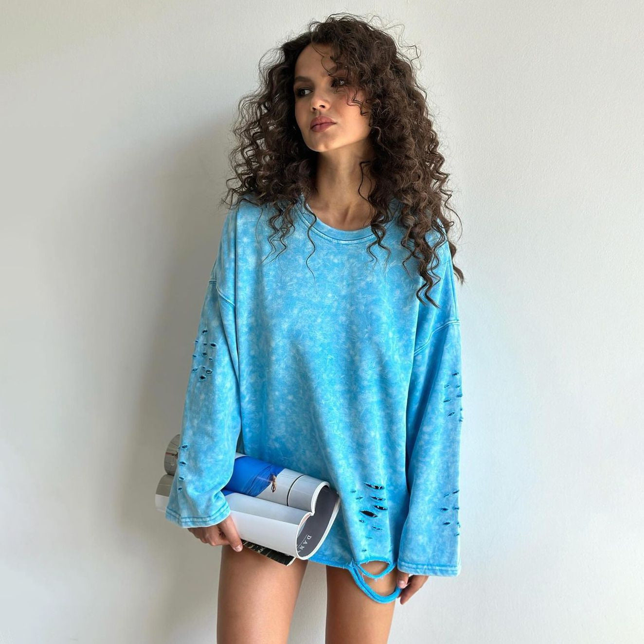 Women's Ripped Crew Neck Sweater Coat