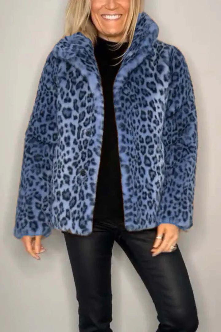 Winter New Women's Fashionable Leopard Print Lapel Faux Leather Woolen Top Viralgem Store