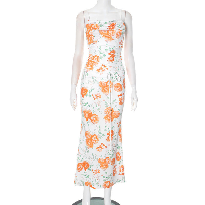 Waist Trimming Spaghetti Straps Printed Lace Up Dress Viralgem Store