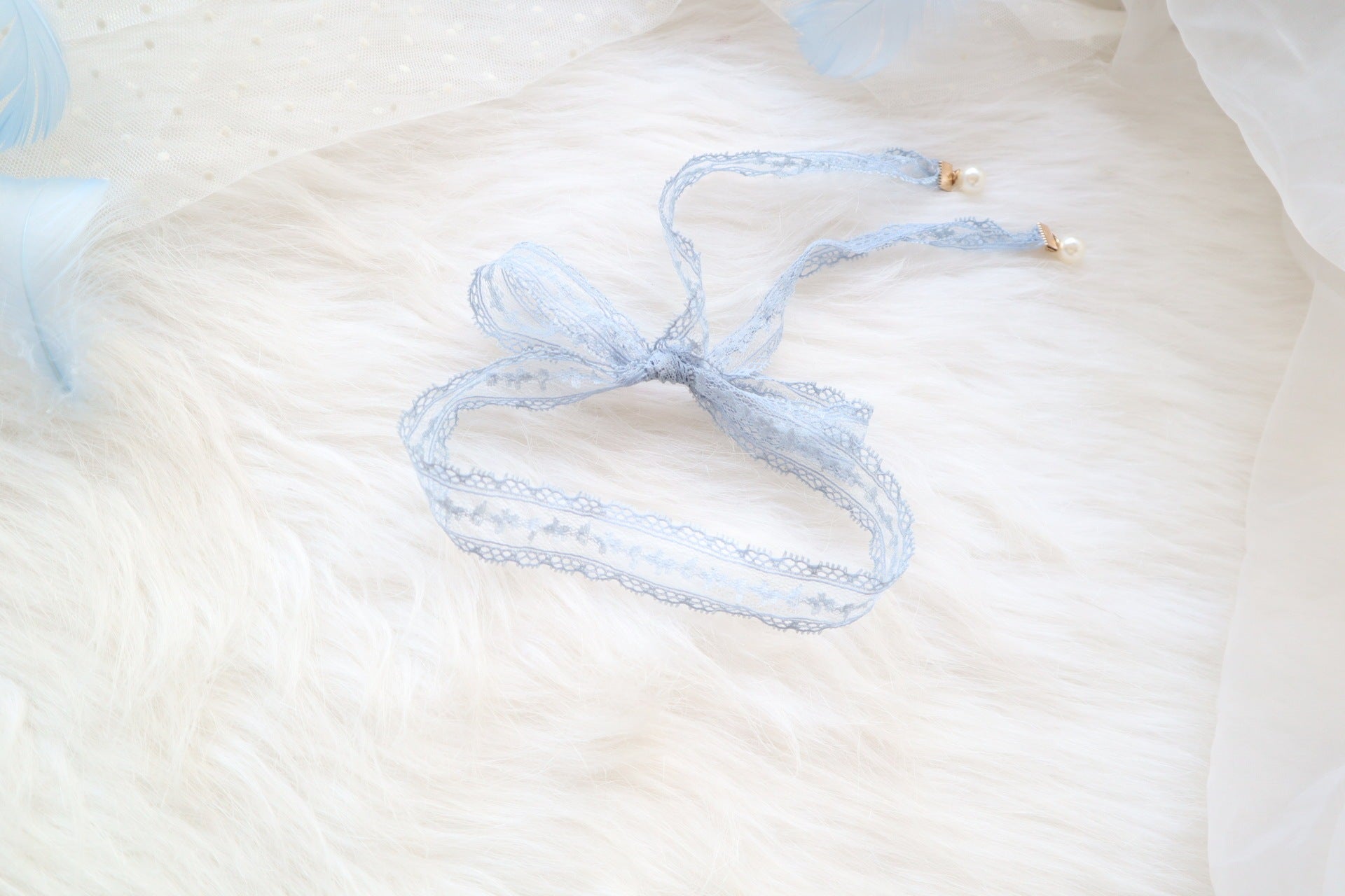 Sweet Accessory Gray Blue Lace Ribbon Pearl Choker Necklace Viralgem Store