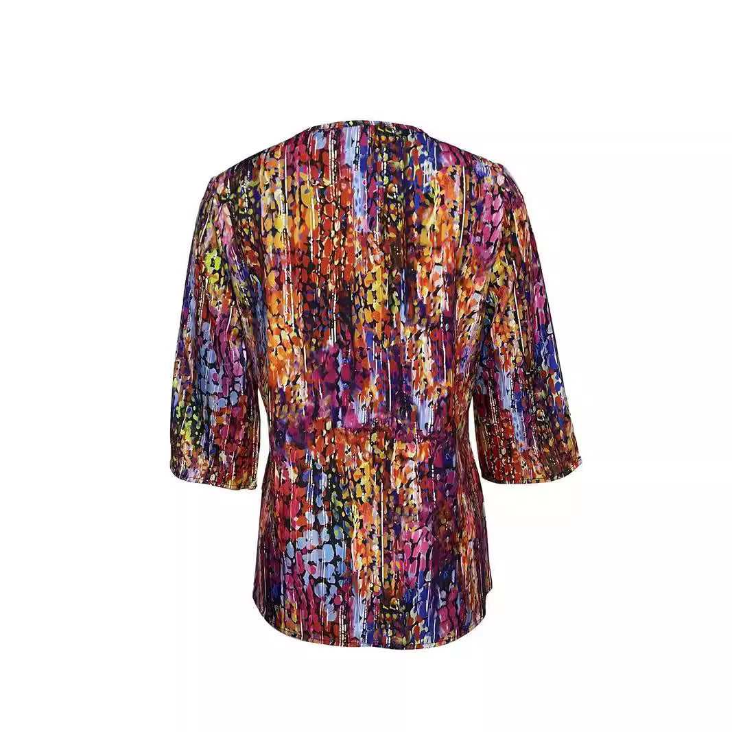 Women's V-neck Loose Three-quarter-length-sleeved T-shirt Colorful Printing Viralgem Store