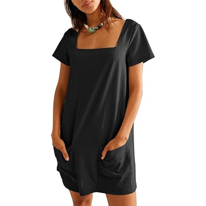 Women's Square Collar Short Sleeve Fashion Pocket Dress