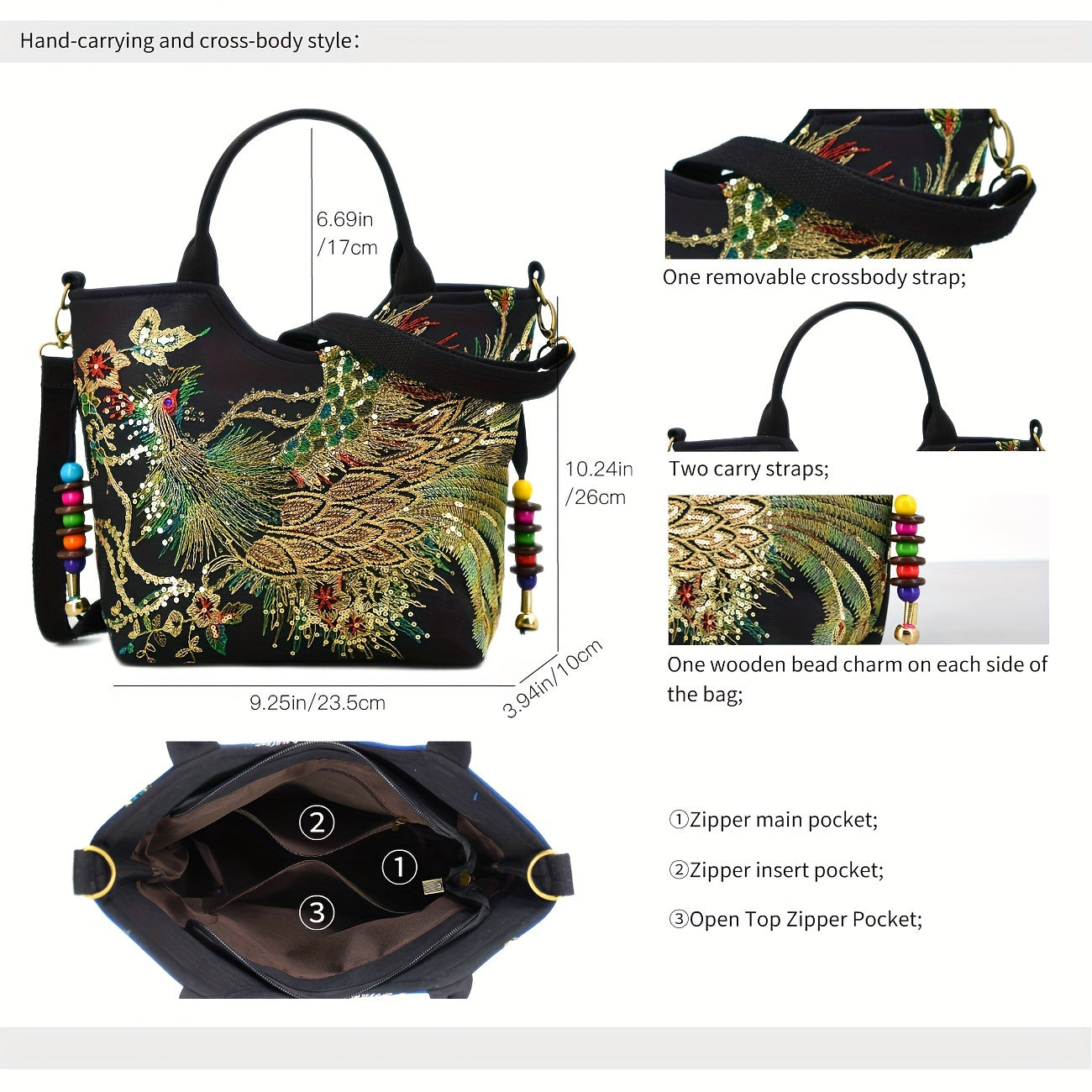 Wo 'S Embroidered Satchel Bag, Fashion Double Handle Purse, Retro Style Handbag with Removable Strap Freshlook Styles