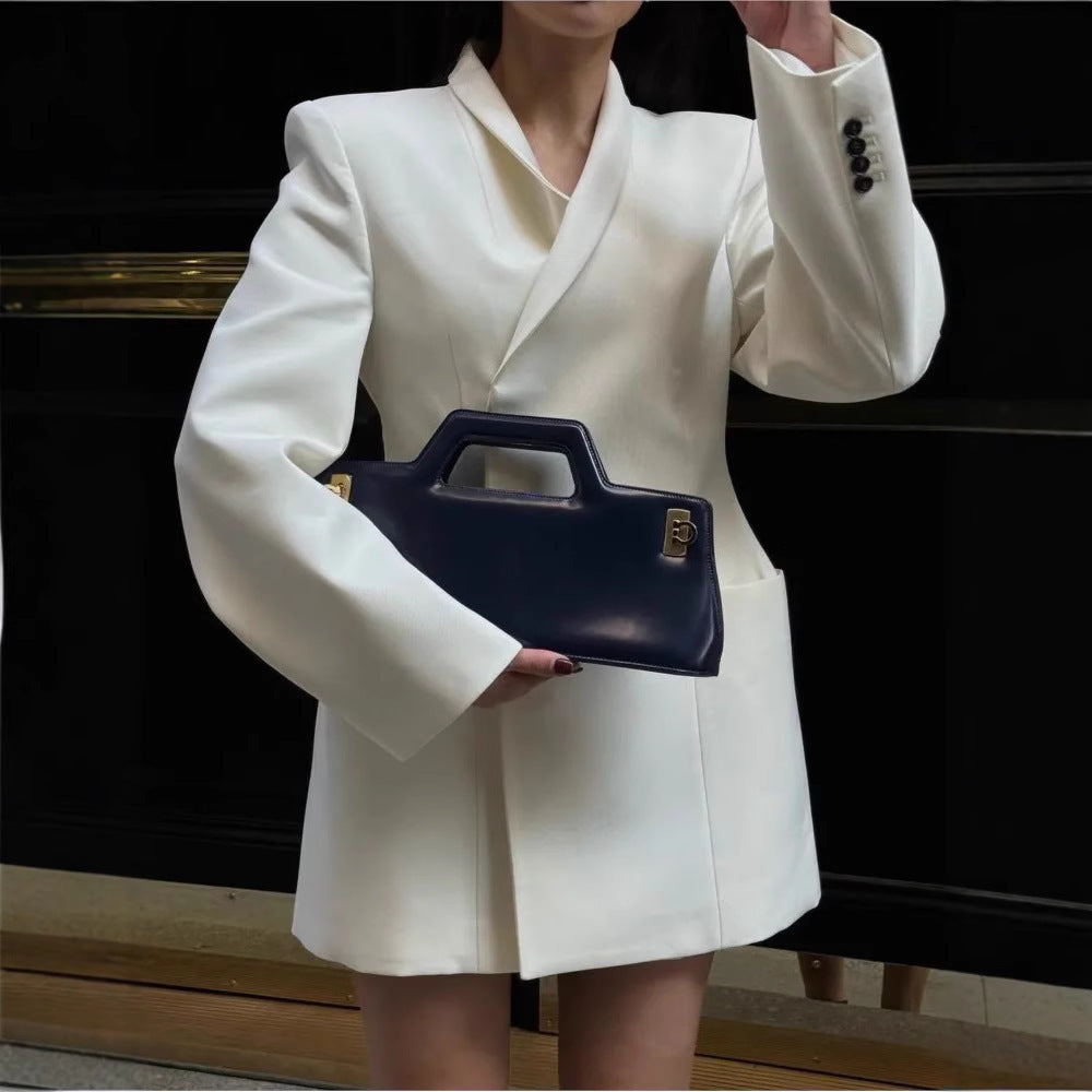 White Elegant Padded Shoulder Suit Jacket Women's Lapel Viralgem Store