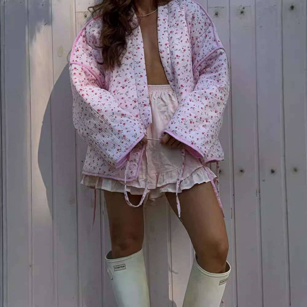 Sweet Floral Lace-up Cotton-padded Clothes V-neck Flared Sleeves Cotton-padded Clothes Viralgem Store