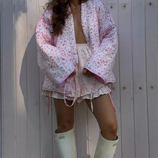 Sweet Floral Lace-up Cotton-padded Clothes V-neck Flared Sleeves Cotton-padded Clothes Viralgem Store