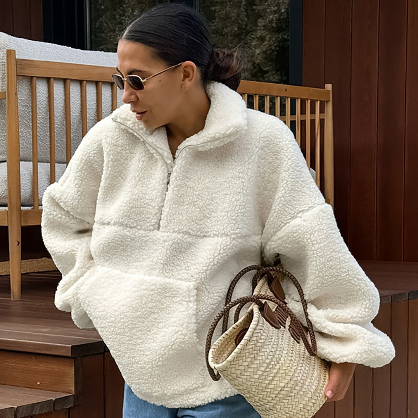 Stand Collar Beige Fleece Sweatshirt Viralgem Store