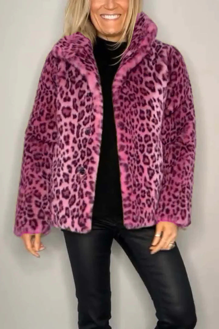 Winter New Women's Fashionable Leopard Print Lapel Faux Leather Woolen Top Viralgem Store