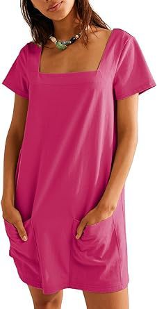 Women's Square Collar Short Sleeve Fashion Pocket Dress
