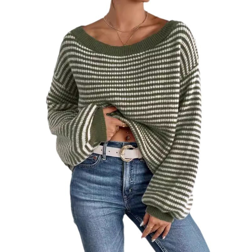 Women's Off-neck Shoulder-baring Sweater Contrast Color Viralgem Store