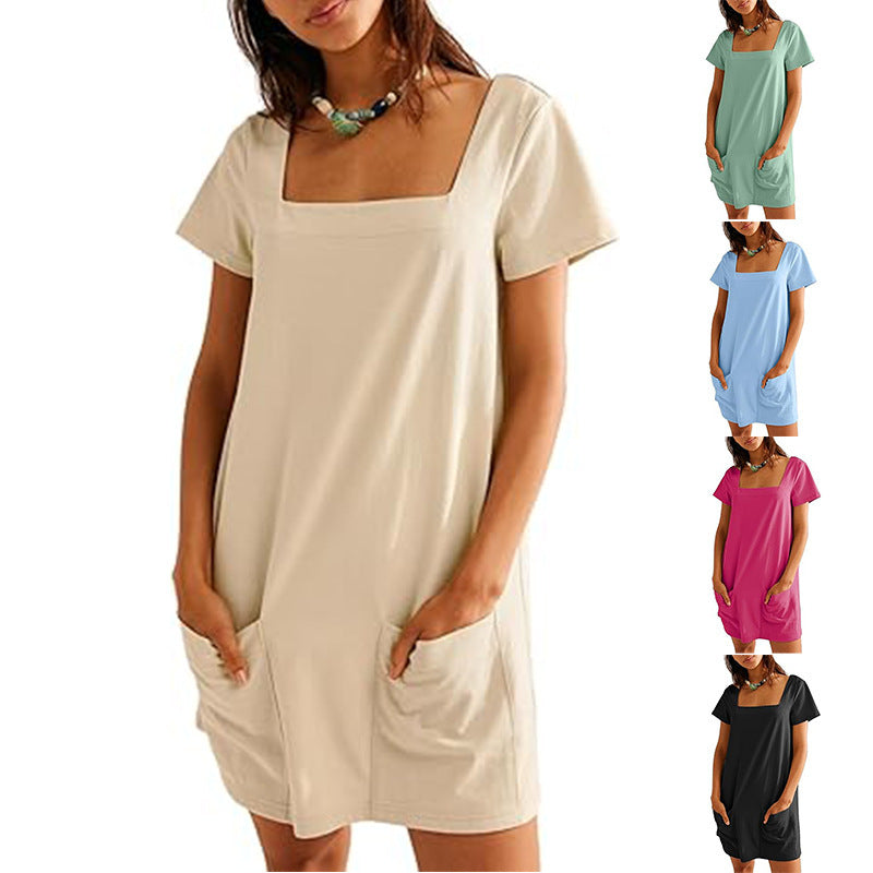 Women's Square Collar Short Sleeve Fashion Pocket Dress