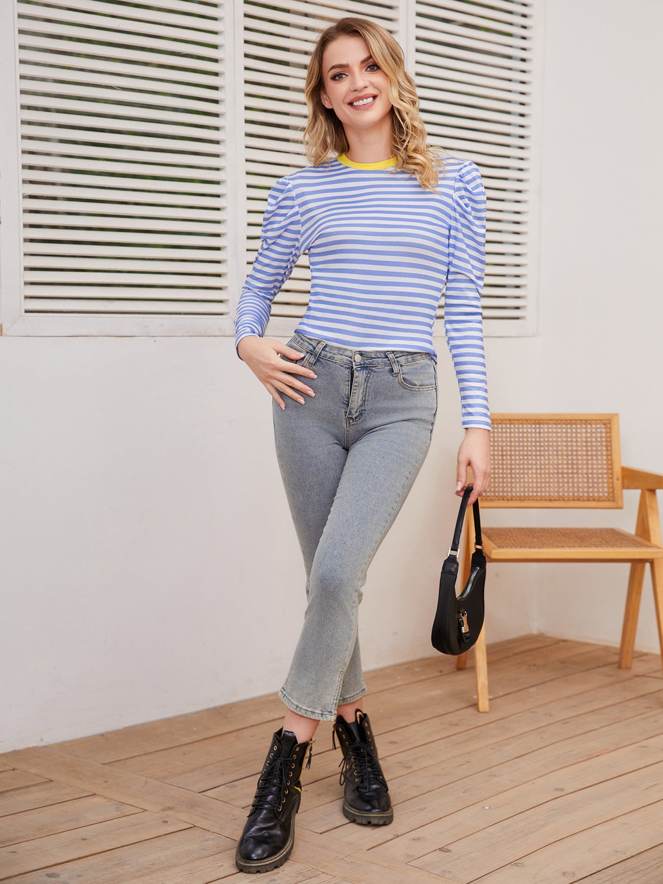 Women's Long Sleeved Striped Round Neck  Top