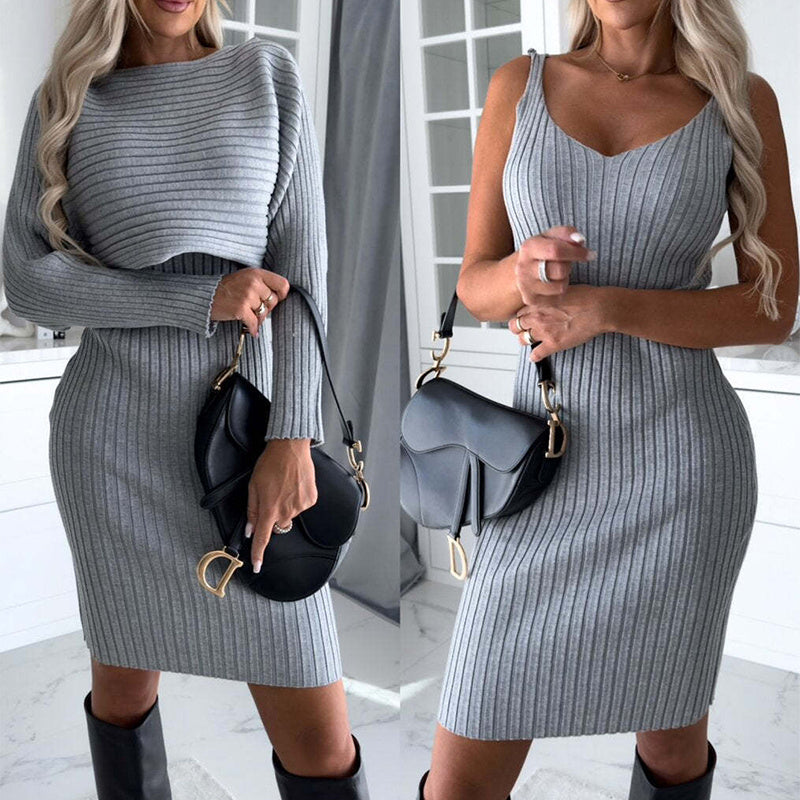 2pcs Suit Women's Solid Stripe Long-sleeved Top And Tight Suspender Skirt Fashion Autumn Winter Slim Clothing Viralgem Store