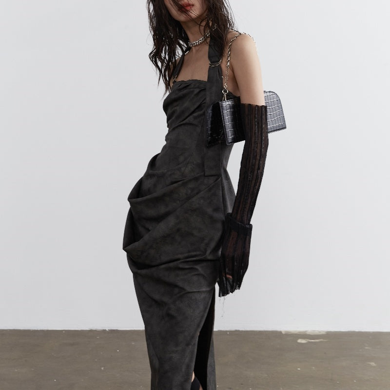 Stand Cut A Sense Of Sculpture Smoked Ink Dyed PU Leather Halter Strapless Dress
