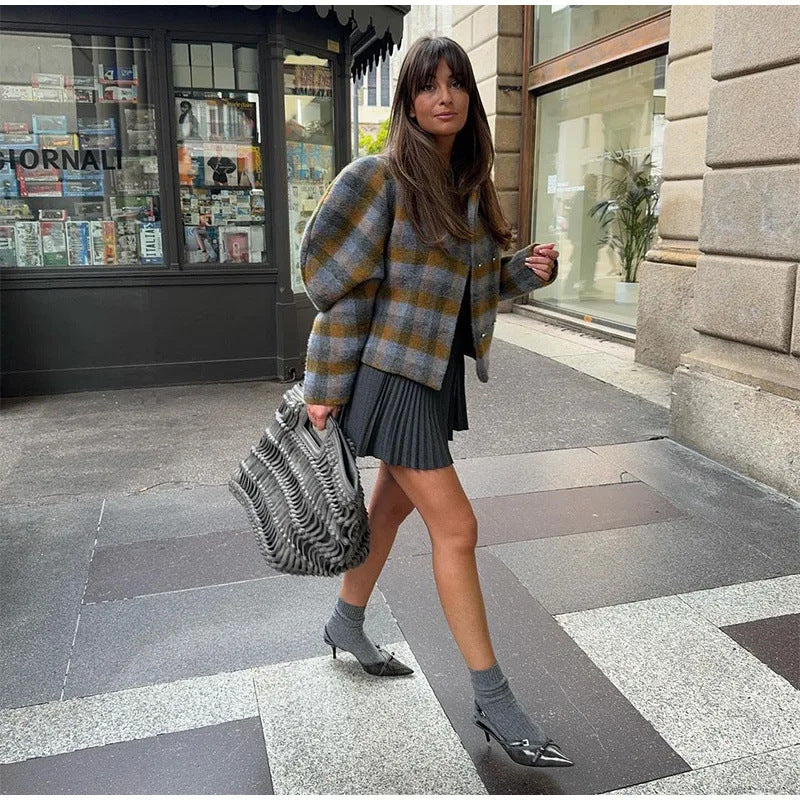 Women's Retro Contrast Color Check Coat Viralgem Store