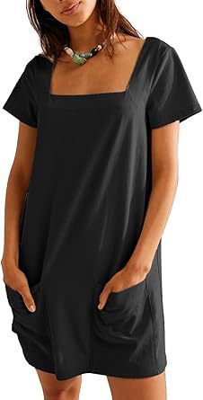Women's Square Collar Short Sleeve Fashion Pocket Dress
