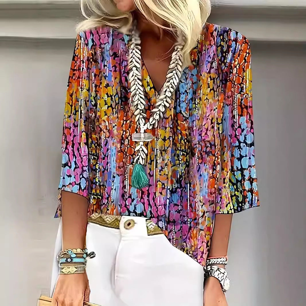 Women's V-neck Loose Three-quarter-length-sleeved T-shirt Colorful Printing Viralgem Store
