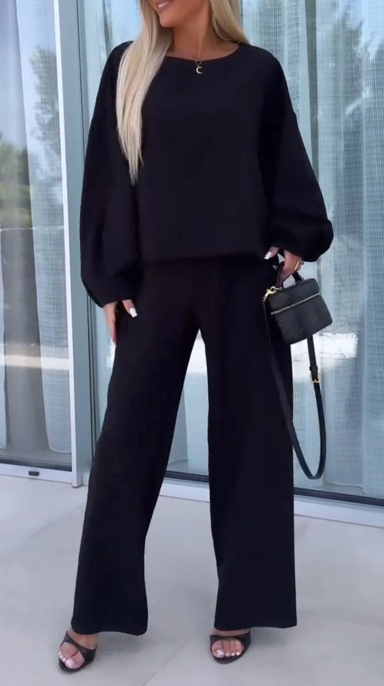 Women's Solid Color Round Neck Long Sleeve Elastic Waist Pants Two-piece Suit Viralgem Store