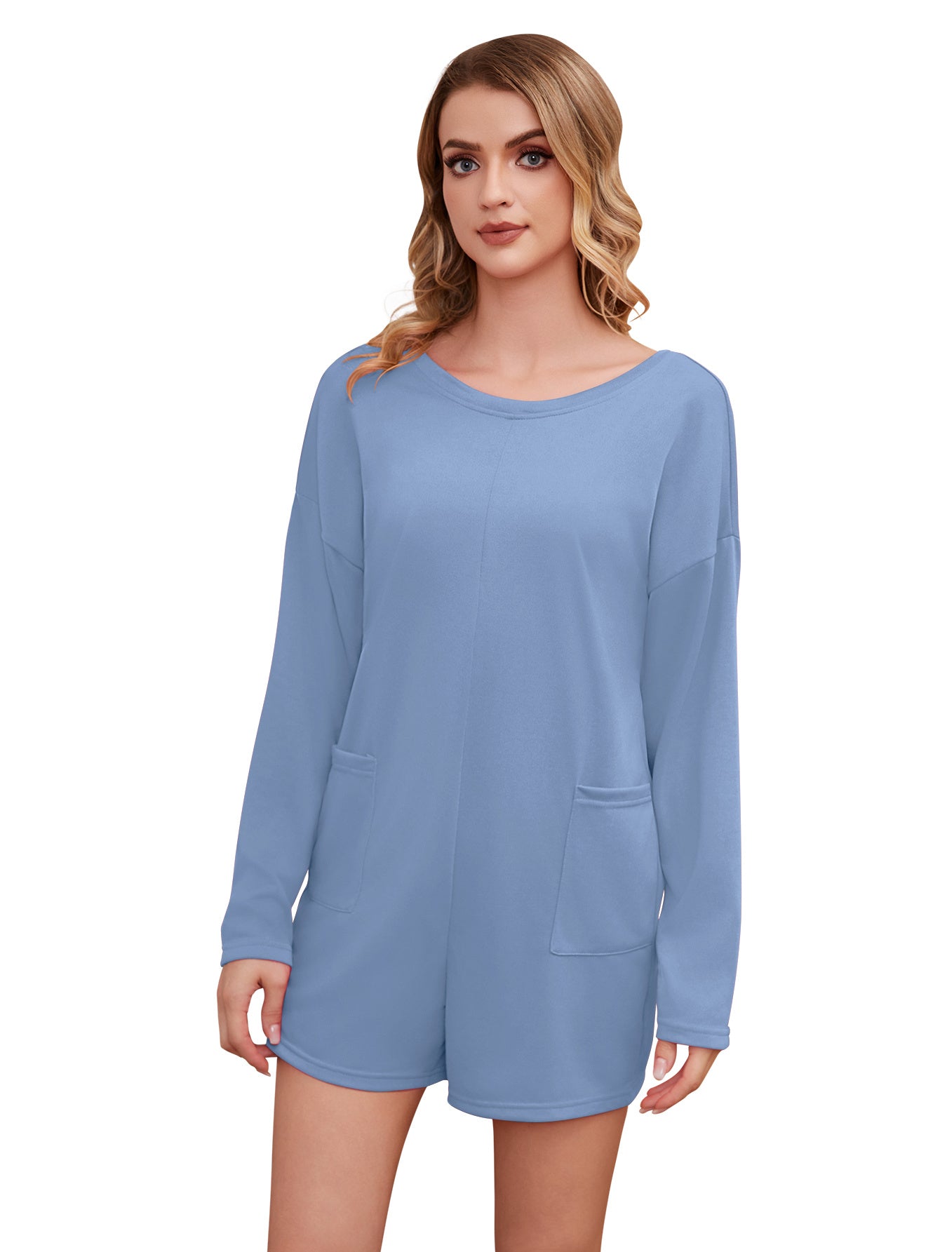 Women's Long Sleeved Solid Color Jumpsuit Shorts