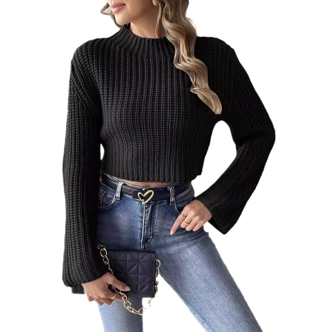 Women's Short Navel Woven Bell Sleeve Half Turtleneck Pullover Viralgem Store