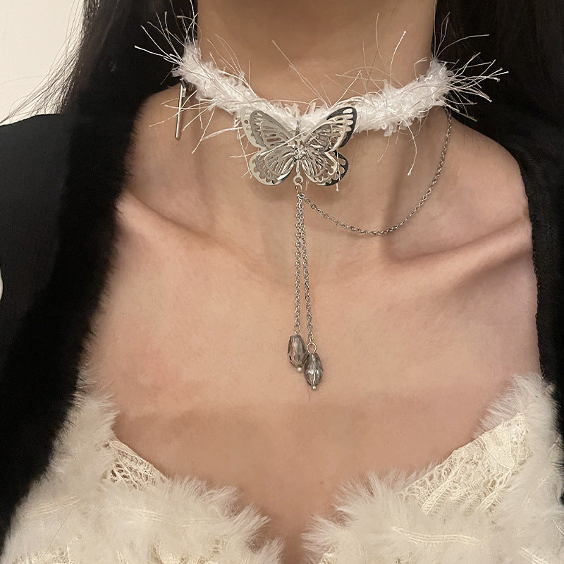 White Plush Choker Butterfly Water Drop Tassel Necklace Viralgem Store