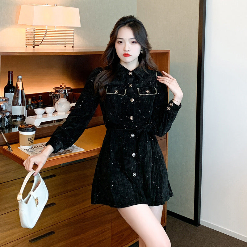 Spring New Light Luxury High Sense Retro Waist-controlled Slimming Small Corduroy Dress Viralgem Store