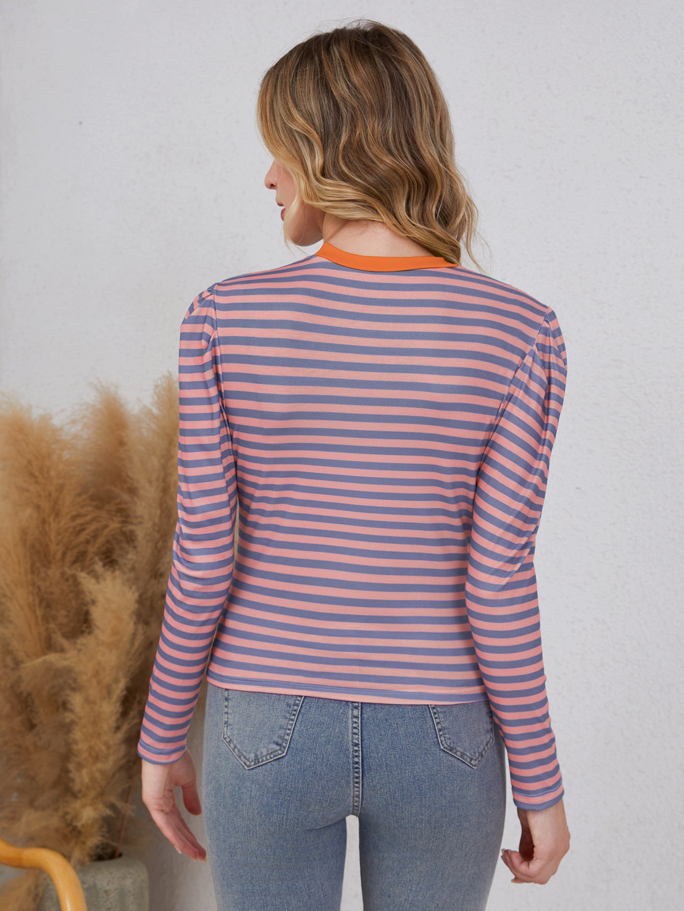 Women's Long Sleeved Striped Round Neck  Top