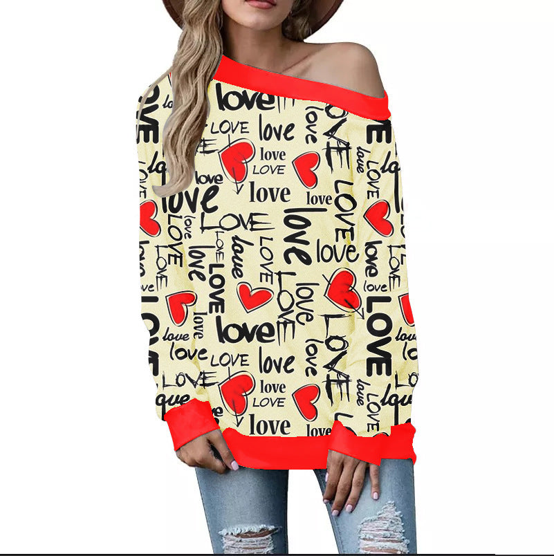 Women's Valentine's Day Pattern Printed Long Sleeve Loose Shoulder Sweater Viralgem Store