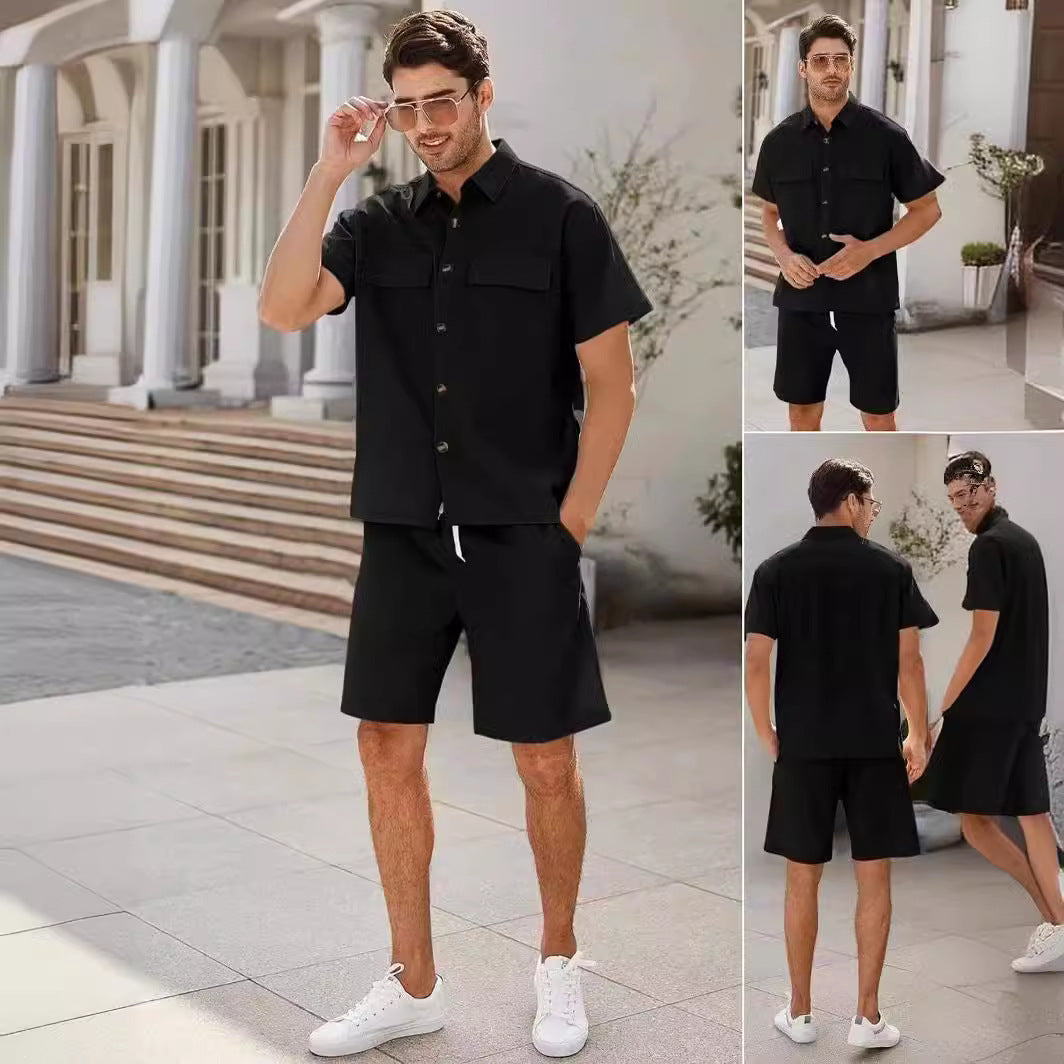 Summer Suits Men Short Sleeve Lapel Pockets Shirt And Drawstring Shorts Sports Fashion Leisure Men's Clothing Viralgem Store