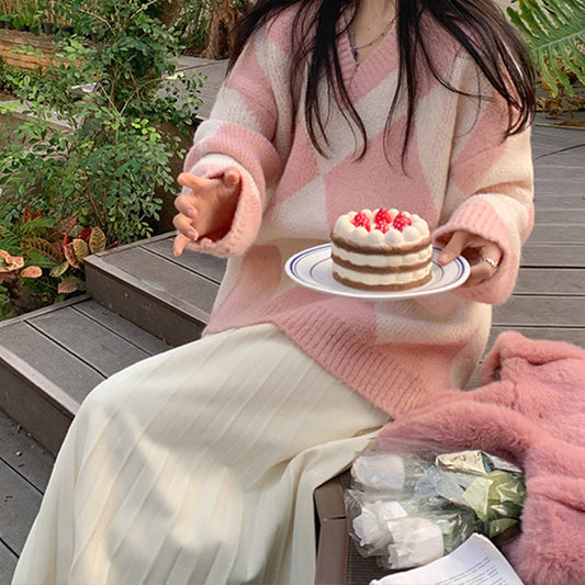 Women's V-neck Rhombus Sweater Loose Outer Wear Viralgem Store