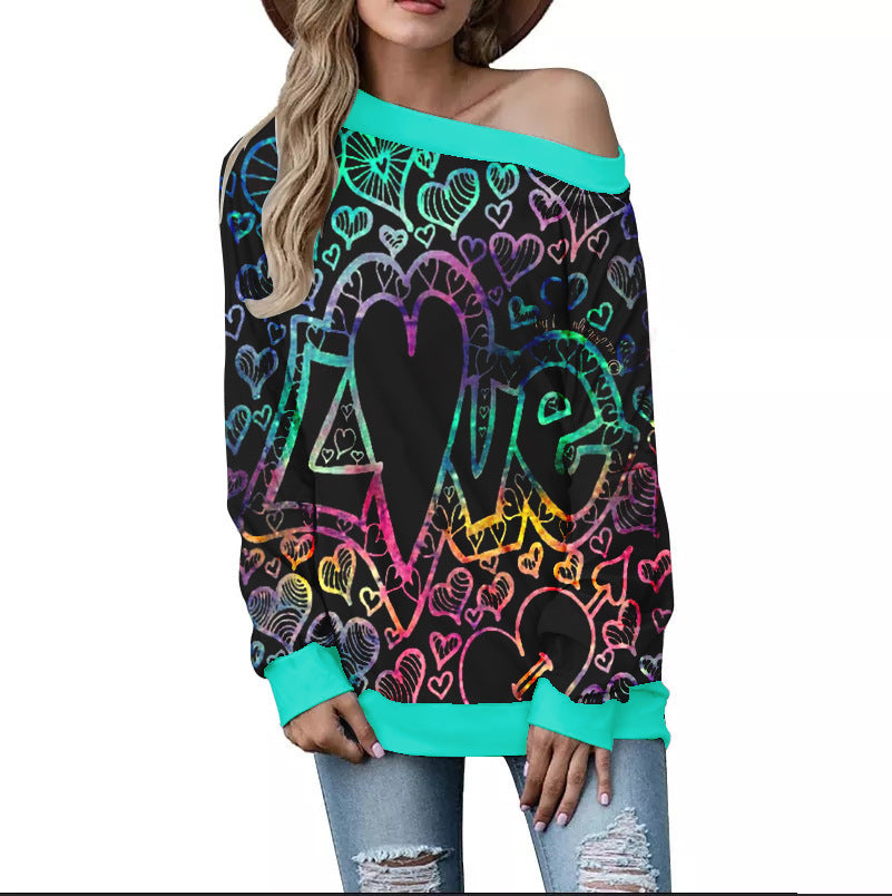 Women's Valentine's Day Pattern Printed Long Sleeve Loose Shoulder Sweater Viralgem Store