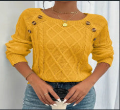 Square Neck Knitted Sweater With Button Design Winter Warm Long Sleeve Tops Women's Clothing Viralgem Store