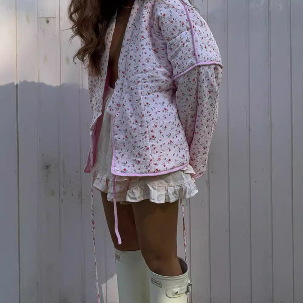 Sweet Floral Lace-up Cotton-padded Clothes V-neck Flared Sleeves Cotton-padded Clothes Viralgem Store